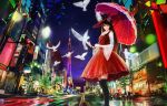  1girl bird black_hair cityscape dress flower gothic_lolita hat highres lolita_fashion long_hair original road rose shitub52 street tower umbrella 