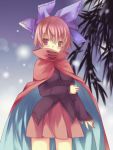  1girl blurry blush bow cape covering_mouth depth_of_field hair_bow red_eyes redhead sekibanki short_hair skirt sleeves_past_wrists solo touhou yutamitan 