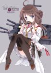 1girl ahoge bare_shoulders black_legwear blue_eyes brown_hair cierra_(ra-bit) convenient_leg detached_sleeves double_bun hairband_removed japanese_clothes kantai_collection kongou_(kantai_collection) long_hair looking_at_viewer miko open_mouth personification solo thighhighs 