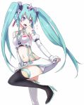  1girl aqua_hair boots detached_sleeves fingerless_gloves gloves hatsune_miku high_heels leg_lift long_hair looking_back navel open_mouth racequeen shirofox skirt solo thigh_boots thighhighs twintails very_long_hair vocaloid white_background 