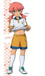  1boy alternate_costume green_eyes heart inazuma_eleven_(series) inazuma_eleven_go kirino_ranmaru lightning_bolt male mizuhara_aki navel open_mouth pink_hair raimon shirt_lift simple_background soccer_uniform solo standing twintails white_background 