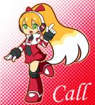  1girl big_hair blonde_hair boots call_(mighty_no._9) character_name gradient gradient_background green_eyes hair_ribbon highres kamira-exe knee_boots long_hair mighty_no._9 ponytail ribbon robot robot_ears skirt smile solo striped_sleeves 