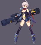  1girl ahoge breasts center_opening cleavage eyepatch huge_weapon midriff orange_eyes original radiation_symbol scarf short_hair solo thigh-highs weapon white_hair yangsion 