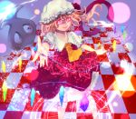  1girl ascot blonde_hair blood blood_stain checkered checkered_floor flandre_scarlet glowing glowing_eyes hat hat_ribbon italy-love laevatein magic_circle red_eyes ribbon smile touhou 