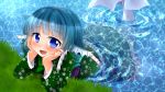  1girl blue_eyes blue_hair elbow_rest fingernails floral_print grass head_fins head_rest highres japanese_clothes kimono looking_at_viewer mermaid monster_girl namino. obi open_mouth partially_submerged ripples short_hair solo touhou wakasagihime water 