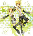  1boy 1girl blonde_hair blue_eyes brother_and_sister detached_sleeves fingerless_gloves gloves hair_ribbon headphones kagamine_len kagamine_rin navel open_mouth popped_collar rhymebox ribbon short_hair shorts siblings sleeveless sleeves_past_wrists smile star tagme twins vocaloid 