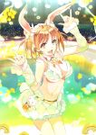  119 1girl :d \m/ animal_ears arm_warmers bare_shoulders bikini_top breasts brown_eyes brown_hair bunny_tail cleavage hair_ornament highres idolmaster idolmaster_cinderella_girls long_hair looking_at_viewer open_mouth rabbit_ears skirt smile solo tail totoki_airi twintails 