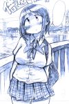 1girl bag breasts hade_na_kangofu large_breasts monochrome pleated_skirt rough school_uniform skirt solo thought_bubble 