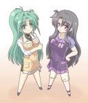  2girls black_hair blush breast_hold breasts chibi crossed_arms green_eyes green_hair hands_on_hips jewelry kano-0724 large_breasts lindy_harlaown long_hair looking_at_viewer looking_up lyrical_nanoha mahou_shoujo_lyrical_nanoha_innocent multiple_girls necklace ponytail precia_testarossa smile violet_eyes 