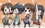  4girls adomi akagi_(kantai_collection) armor black_hair blush_stickers brown_hair carrot chibi closed_eyes curry curry_rice food hair_ribbon hiryuu_(kantai_collection) japanese_clothes kaga_(kantai_collection) kantai_collection multiple_girls muneate open_mouth personification plate ponytail ribbon side_ponytail smile souryuu_(kantai_collection) sweatdrop thigh-highs twintails 