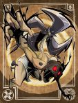  1girl a-type_corporation black_hair breasts brown_hair cuffs glowing glowing_eye highres mask muscle nail open_mouth painwheel_(skullgirls) red_eyes screw short_hair skullgirls solo stitched 