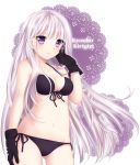  1girl bikini breasts cleavage dangan_ronpa etou_(cherry7) gloves highres kirigiri_kyouko long_hair navel purple_hair smile solo swimsuit text violet_eyes 