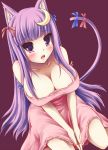  1girl animal_ears bare_shoulders blush breasts cat_ears cat_tail cleavage crescent highres large_breasts long_hair morita patchouli_knowledge purple_hair ribbon solo tail touhou violet_eyes 