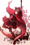  1girl boots cape cross dress flower natural_wind pantyhose redhead rose ruby_rose rwby scythe short_hair skirt smile solo weapon white_background 
