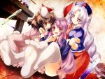  3girls animal_ears brown_hair bunny_tail dress feeding gengetsu_chihiro hat highres inaba_tewi jacket kneeling long_hair long_sleeves multiple_girls no_shoes nurse_cap open_mouth pill pink_dress pink_eyes pink_hair puffy_sleeves rabbit_ears red_eyes reisen_udongein_inaba shirt short_sleeves silver_hair sitting skirt smile table tail test_tube thighhighs touhou very_long_hair white_background wrist_grab yagokoro_eirin zettai_ryouiki 