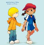  1boy 1girl abigail_lincoln arm_grab black_hair blonde_hair blue_background bowl_cut braid child clenched_hand codename:_kids_next_door dark_skin earrings eye_contact frown hat hoodie jewelry looking_at_another standing t_k_g translation_request wallabee_beetles 