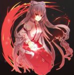  &gt;:) 1girl baggy_pants buckle flame fujiwara_no_mokou hair_ribbon hoshina_(hsn125) long_hair long_sleeves red_eyes ribbon silver_hair solo suspenders touhou very_long_hair 