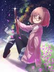  1girl brown_hair glasses jacket kuriyama_mirai kyoukai_no_kanata school_uniform seifuku short_hair solo sword tokumaro yellow_eyes 