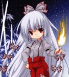  1girl bamboo flame fujiwara_no_mokou hair_ribbon long_hair long_sleeves night night_sky puffy_long_sleeves puffy_sleeves red_eyes ribbon sky touhou tress_ribbon very_long_hair white_hair yutamitan 