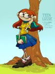  1girl bilingual blush book bracelet character_name codename:_kids_next_door earrings glasses grass jewelry lizzie_devine long_hair pinky_out redhead scarf skirt smile solo standing t_k_g tagme teenage translation_request tree 