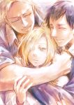  1girl 2boys ^_^ annie_leonhardt bertholt_fubar blonde_hair closed_eyes crying english hair_over_one_eye hug kino25_n long_sleeves multiple_boys reiner_braun shingeki_no_kyojin short_hair short_sleeves smile 