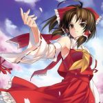  armpits brown_eyes brown_hair cherry_blossoms detached_sleeves foreshortening hakurei_reimu hands highres japanese_clothes miko petals rokuwata_tomoe solo touhou 