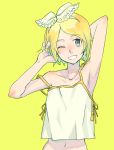  armpits arms_behind_head arms_up blonde_hair camisole hair_ribbon kagamine_rin mentsuyu midriff ribbon simple_background smile solo vocaloid wink 