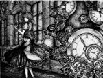  antediluvian bad_id clock gears grayscale greyscale izayoi_sakuya monochrome pocket_watch scarlet_devil_mansion solo touhou traditional_media watch 