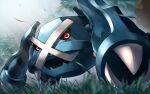  blurry claws commentary_request day from_below grass leaves_in_wind looking_down metagross no_humans open_mouth outdoors pokemon pokemon_(creature) red_eyes solo superciderx tree 