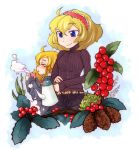  ahoge alice_margatroid alternate_costume bangs belt berries blonde_hair blue_eyes blush braid buckle casual contemporary cup hairband holly jeans kettle kirisame_marisa multiple_girls myama outdoors pinecone ribbed_sweater short_hair sideways_mouth sky smile standing steam sweater tired touhou turtleneck white_background yellow_eyes 