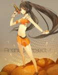  brown_eyes brown_hair food fruit gun handgun heca midriff miniskirt navel orange orange_(color) original pistol skirt solo twintails weapon 