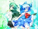  antenna antennae bad_id blue_eyes blue_hair bow cape cirno green_eyes green_hair hair_bow highres multiple_girls short_hair sumitaso touhou wriggle_nightbug 