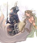   armband armor bare_shoulders blonde_hair cape cosmos_(dff) couple dissidia_final_fantasy dress closed_eyes female final_fantasy grey_hair helmet kannkunn long_hair male short_hair sword very_long_hair warrior_of_light  