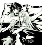  1girl afterglow armpits bed c.c. cc closed_eyes code_geass couple creayus holding_hands lelouch_lamperouge long_hair lying monochrome on_back on_side pillow short_hair sleeping yellow 