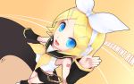  blue_eyes cait detached_sleeves foreshortening from_above hair_ornament hairpin hands headset kagamine_rin shorts solo vocaloid 