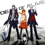  bespectacled boots female_protagonist_(persona_3) formal glasses gloves knife koromaru kzhr naginata necktie pantyhose persona persona_3 persona_3_portable polearm road_sign sanada_akihiko scarf sign traffic_sign vest weapon 