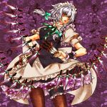  bow braid discharge_cycle hair_bow izayoi_sakuya knife long_hair maid maid_headdress pantyhose red_eyes silver_hair solo touhou twin_braids wrist_cuffs 