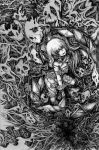  bad_id flandre_scarlet flower grayscale greyscale looking_up monochrome nude rose skull solo thorns touhou traditional_media wings 