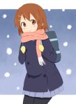  backpack bag brown_eyes brown_hair goro hirasawa_yui k-on! mittens pantyhose scarf school_uniform short_hair snow 