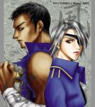  bandage bare_shoulders black_hair dark_skin eyepatch final_fantasy final_fantasy_viii fujin grey_hair raijin_(ff8) red_eyes ryu_(artist) short_hair 