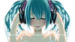  aqua_hair ask02 bare_shoulders blush closed_eyes hands_on_headphones hatsune_miku headphones lifeline lips listening_to_music open_mouth solo tears twintails vocaloid wallpaper 