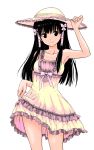 adjusting_hat armpits artist_request bare_shoulders black_eyes black_hair bow character_request dress_lift frills hair_bow hair_ornament long_hair murasame_oshizu ribbon simple_background smile solo summer_dress sun_hat toloveru 