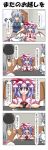  3girls 4koma alternate_costume animal_ears bat_wings blue_hair bowl braid chopsticks closed_eyes comic eating food food_on_face grey_hair hat hat_ribbon highres izayoi_sakuya maid maid_headdress mouse_ears multiple_girls nazrin rapattu red_eyes remilia_scarlet ribbon silver_hair sitting table touhou translated twin_braids wings 