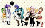  3boys 5girls aqua_eyes aqua_hair blonde_hair blue_hair brown_eyes brown_hair everyone family green_hair gumi hair_ornament hair_ribbon hairclip hatsune_miku headphones kagamine_len kagamine_rin kaito kamui_gakupo long_hair megurine_luka meiko midriff pink_hair ponytail purple_hair ribbon scarf short_hair skirt smile tama_(songe) thigh-highs thighhighs twintails vocaloid 