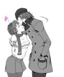  1girl aragaki_shinjirou arms_behind_back beanie blush closed_eyes couple female_protagonist_(persona_3) forehead_kiss hat kiss monochrome pantyhose persona persona_3 persona_3_portable scarf skirt suta_furachina trench_coat trenchcoat 