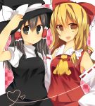  :o bad_id bare_shoulders black_eyes black_hair bow cosplay costume_switch detached_sleeves hair_bow hair_tubes hakurei_reimu hakurei_reimu_(cosplay) hand_on_hat hat heart heart-shaped_pupils highres ika japanese_clothes kirisame_marisa kirisame_marisa_(cosplay) long_hair miko multiple_girls smile star symbol-shaped_pupils touhou witch_hat yellow_eyes 