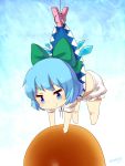  &gt;:) 1girl artist_name bloomers blue_eyes blue_hair blueberry_(5959) bow bread chibi cirno dress dress_lift food hair_bow highres minigirl short_hair smile solo touhou underwear wings 