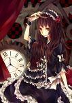  artist_request black bow brown_hair character_request clock flower frills gothic_lolita hair_ornament loli long_hair puppet rose sitting solo yellow_eyes 