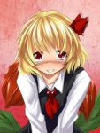  bad_id blonde_hair blush face grin hair_ribbon kuon846 red_eyes ribbon rumia short_hair smile solo touhou 