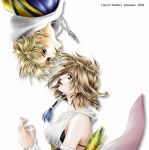  bare_shoulders blonde_hair blue_eyes brown_hair couple detached_sleeves final_fantasy final_fantasy_x looking_down looking_up necklace ryu_(artist) short_hair tidus yuna 
